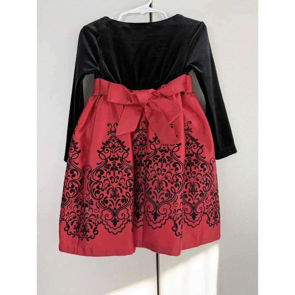 Rare Editions Girls 3T Black Velvet Red Damask Holiday Christmas Dress‎ H737422